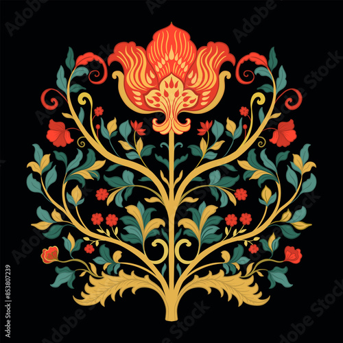 Mughal Art is a traditional bunch flower of floral ornaments. A multi-color motif on a black background, isolated element. Fantasy traditional bouquet.