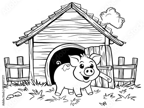 Children picture, coloring book. Barn in an agricultural yard with a pig. Generative ai vector.
