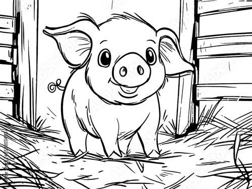 Children picture, coloring book. Barn in an agricultural yard with a pig. Generative ai vector.