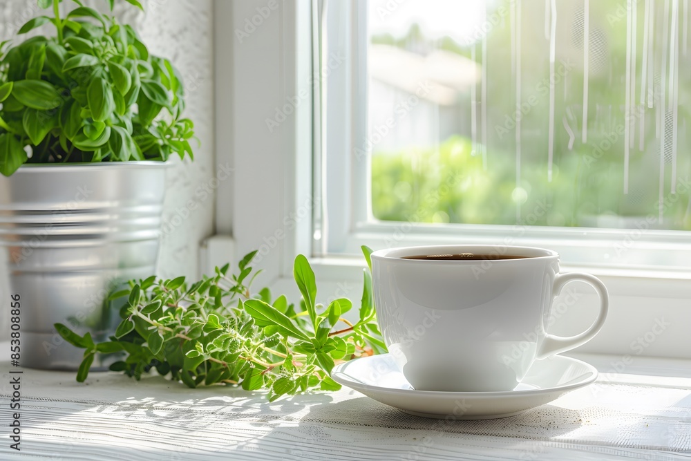 a cup of of coffee near the windowsill with potted herbs a cup of of coffee near the windowsill with potted herbs