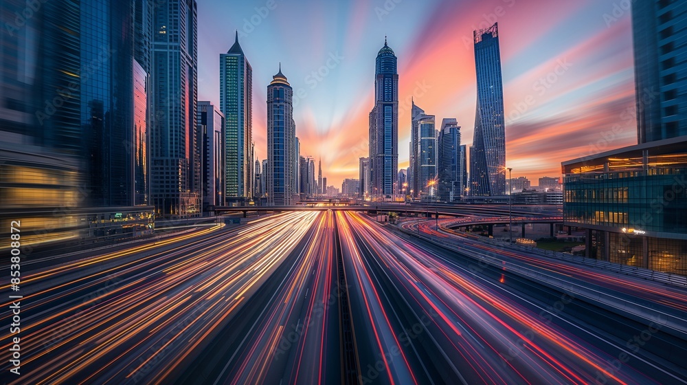 Fototapeta premium A cityscape at sunset with light trails from fast-moving cars on the road