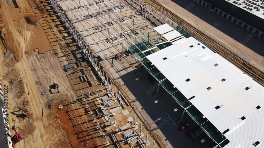 Aerial view of construction site with warehouse building under construction for storage. Assembling industrial building with steel frame structure and roof truss. Infrastructure for logistics Aerial view of construction site with warehouse building under construction for storage. Assembling industrial building with steel frame structure and roof truss. Infrastructure for logistics
