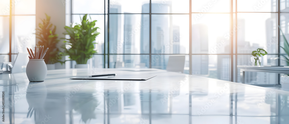 Fototapeta premium A modern office with floor-to-ceiling windows offers views of the city.
