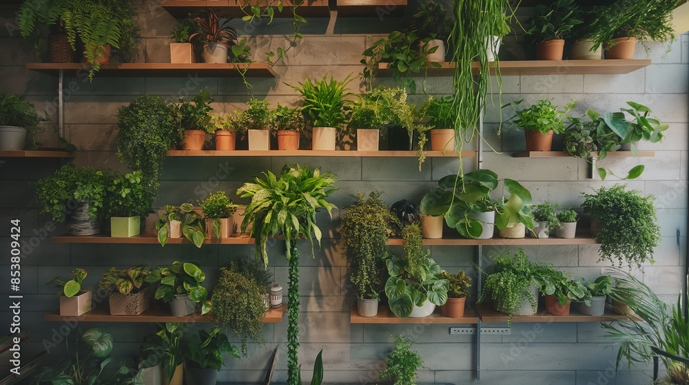 Indoor Plant Display on Wooden Shelves Against a Concrete Wall. Generative AI Indoor Plant Display on Wooden Shelves Against a Concrete Wall. Generative AI