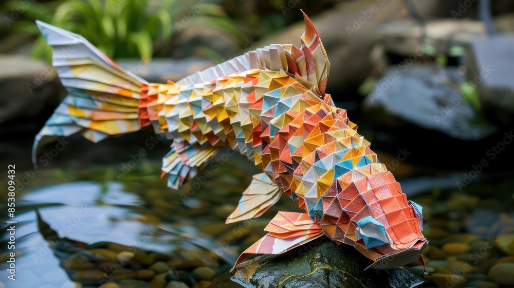 Obraz premium Colorful origami fish sculpture displayed outdoors, reflecting on water surface, showcasing intricate paper folding art and vibrant design.