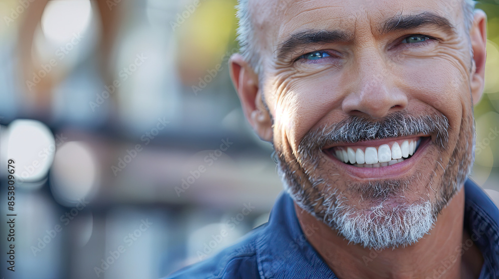 happy smiling closeup face of middle-aged handsome man male with Healthy white teeth and his mustache beard seen from the side happy smiling closeup face of middle-aged handsome man male with Healthy white teeth and his mustache beard seen from the side
