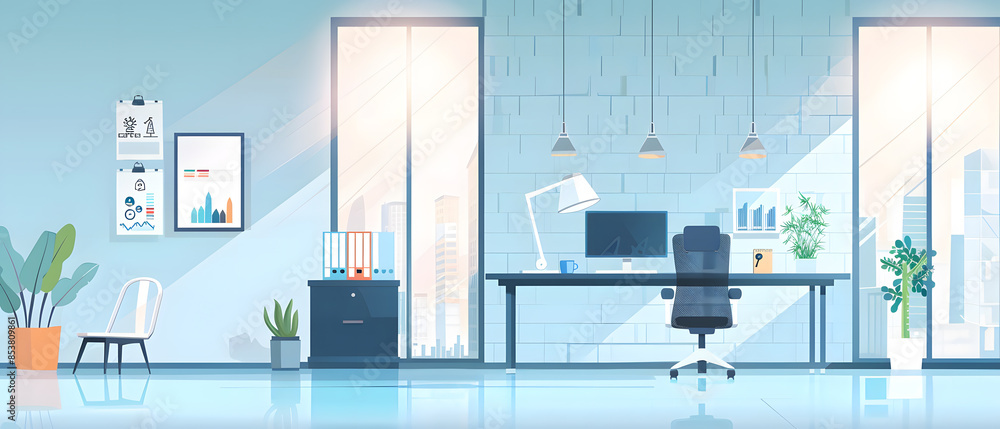 Fototapeta premium Modern, spacious office interior with a desk, computer, and city view through large windows.