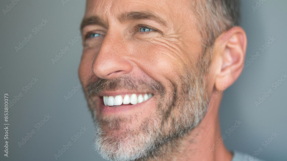 happy smiling closeup face of middle-aged handsome man male with Healthy white teeth and his mustache beard seen from the side happy smiling closeup face of middle-aged handsome man male with Healthy white teeth and his mustache beard seen from the side