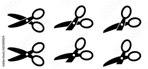Cartoon line open and closed scissors icon. Flat vector open or close scissor for cutting coupon, voucher or paper. For dotted line with shears or scissors cut lines symbol. Cutout lines, snip markers