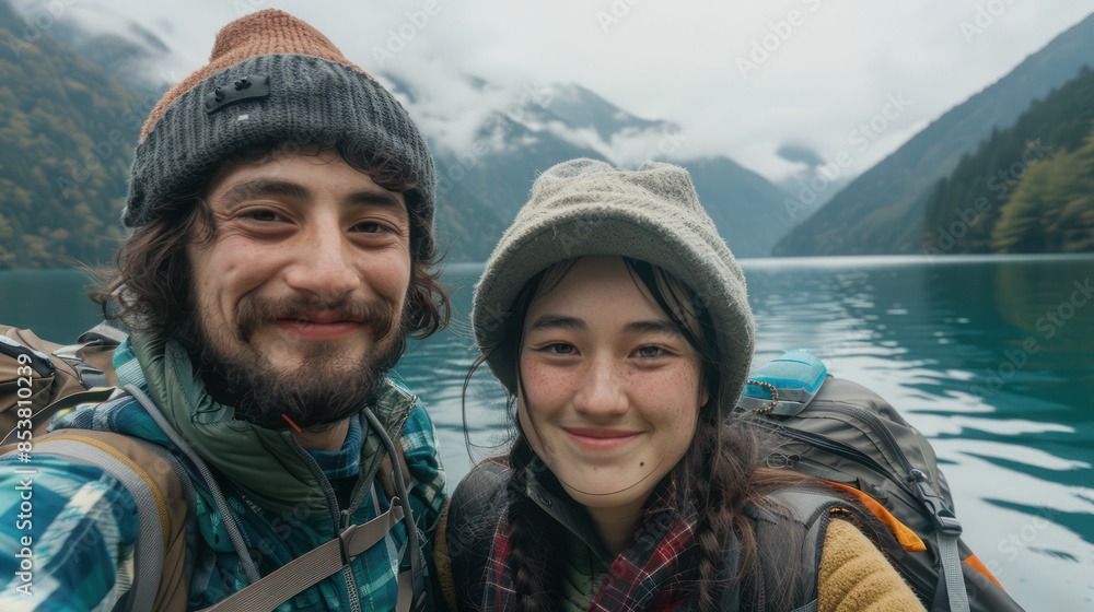 Adventurous Couple Enjoying a Scenic Hike by a Crystal Clear Lake with Majestic Snow Capped Mountains in the Background on a Cloudy Day in a Picturesque Outdoor Setting Adventurous Couple Enjoying a Scenic Hike by a Crystal Clear Lake with Majestic Snow Capped Mountains in the Background on a Cloudy Day in a Picturesque Outdoor Setting