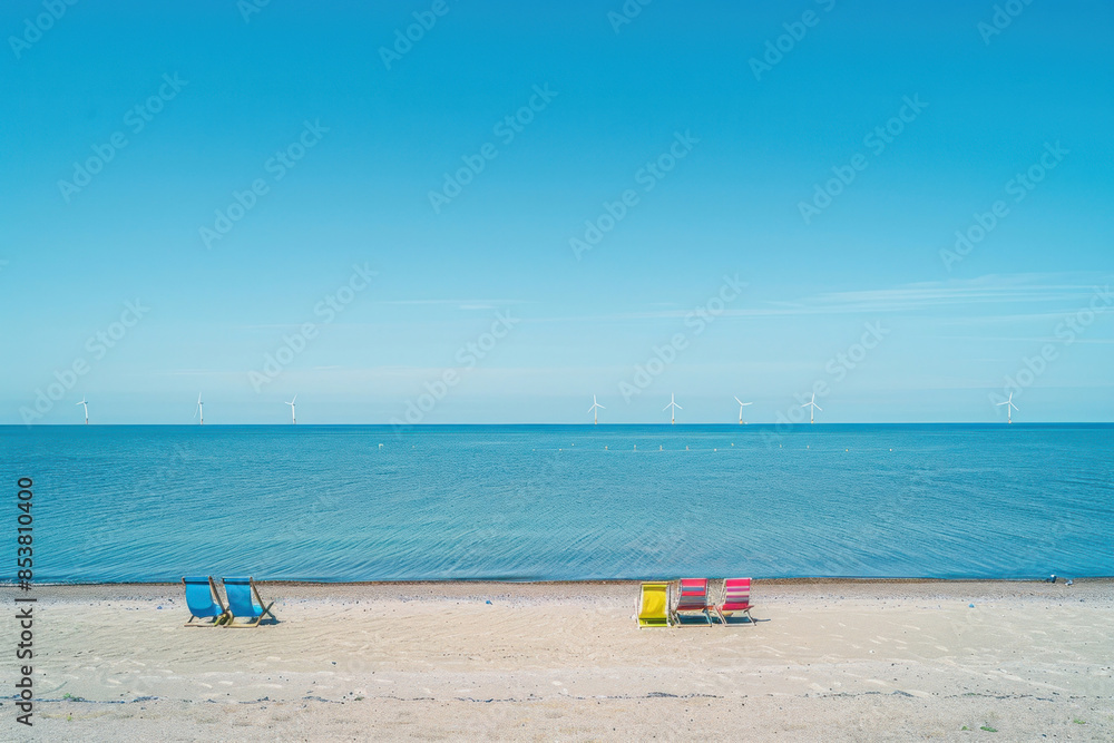 Empty Deck Chairs on a Beach with Offshore Wind Turbines Empty Deck Chairs on a Beach with Offshore Wind Turbines