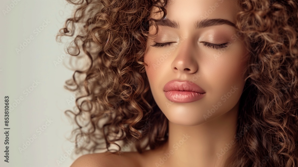 eople, Close-up portrait of a beautiful woman with curly hair, pink lips, and closed eyes eople, Close-up portrait of a beautiful woman with curly hair, pink lips, and closed eyes