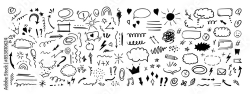 Simple sketch line style elements. Doodle cute ink pen line elements isolated on white background. Doodle arrow, heart, star, decoration symbol, icon set. Vector illustration.