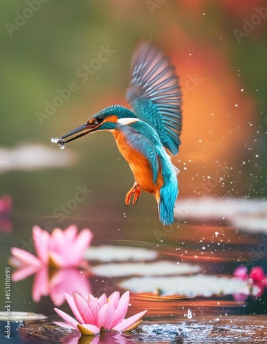 Kingfisher in Flight with Catch Over Pond