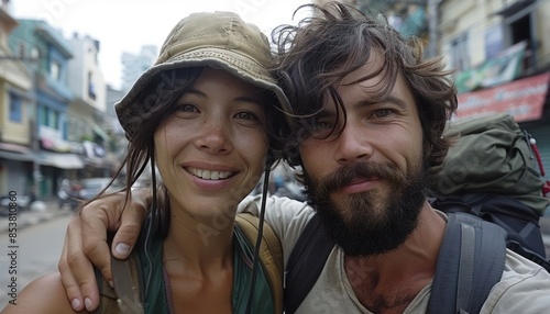 Exploring Exotic Locations An Adventurous Couple s Journey Through Vibrant Streets  Capturing Unique Cultures and Memorable Moments with Smiles and Backpacks