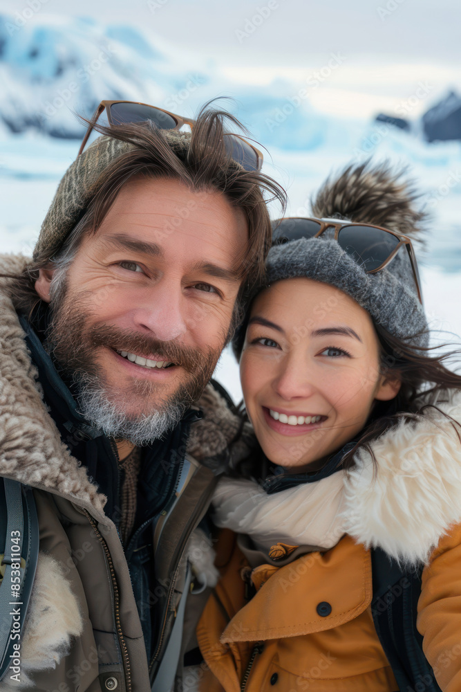 Smiling Couple Taking a Selfie During Winter Adventure in Snowy Mountains, Wearing Warm Clothing, Enjoying Outdoor Activities and Adventurous Travel Experience in Scenic Icy Landscape Smiling Couple Taking a Selfie During Winter Adventure in Snowy Mountains, Wearing Warm Clothing, Enjoying Outdoor Activities and Adventurous Travel Experience in Scenic Icy Landscape