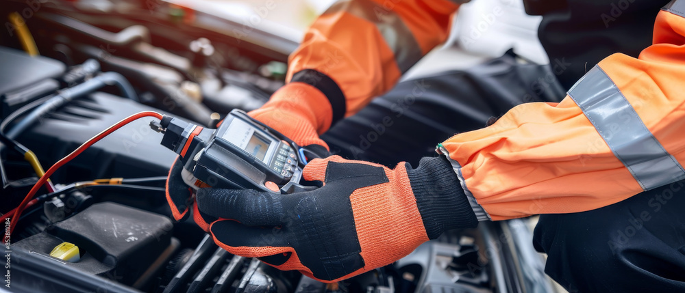 A mechanic in bright orange gloves uses diagnostic tools on a car's engine, reflecting the intricate and hands-on nature of automotive repair. A mechanic in bright orange gloves uses diagnostic tools on a car's engine, reflecting the intricate and hands-on nature of automotive repair.