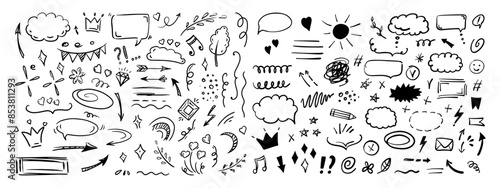 Simple sketch line style elements. Doodle cute ink pen line elements isolated on white background. Doodle arrow, heart, star, decoration symbol, icon set. Vector illustration.