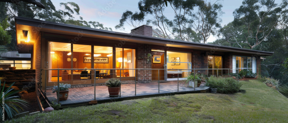 An illuminated, stylish mid-century modern home surrounded by a manicured lawn and vibrant trees in an idyllic twilight setting. An illuminated, stylish mid-century modern home surrounded by a manicured lawn and vibrant trees in an idyllic twilight setting.