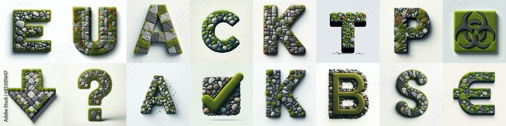 Grass and Gray raw stone bricks tiling Lettering Typeface. AI generated illustration Grass and Gray raw stone bricks tiling Lettering Typeface. AI generated illustration