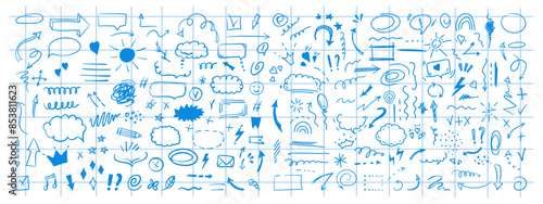 Doodle design elements and arrows. Elements for infographics. Hand drawn vector set of icons, frames, borders, arrows in isolated on checkered notebook sheet background.