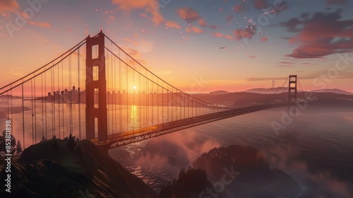 Golden Gate Bridge in San Francisco, California at sunrise with fog and city skyline in the background. Aerial view, drone perspective.