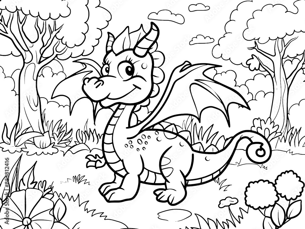 Fototapeta premium Children picture, coloring book. Dragon is walking in the park. Generative ai raster.