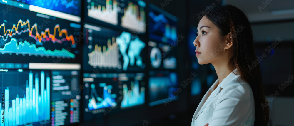 A professional woman studies multiple financial graphs and data charts on large screens in a modern office setting. A professional woman studies multiple financial graphs and data charts on large screens in a modern office setting.