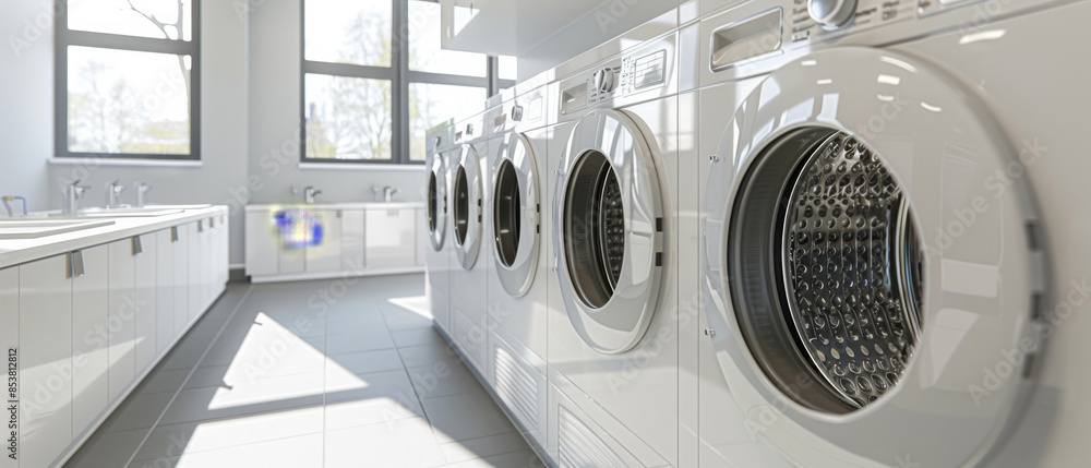 A row of modern, front-loading washing machines lined up in a pristine, sunlit laundromat, highlighting cleanliness and efficiency. A row of modern, front-loading washing machines lined up in a pristine, sunlit laundromat, highlighting cleanliness and efficiency.