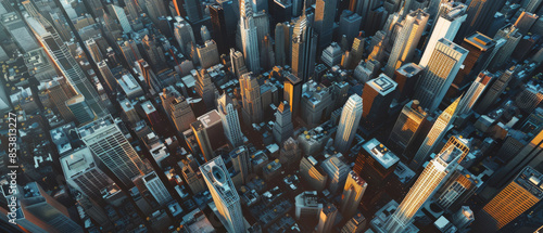 Overhead shot of a dense urban landscape with numerous skyscrapers catching the golden hues of sunset, creating a warm ambiance.