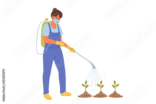 Woman gardener sprays weedkiller and pesticides on plants to speed up growth and kill insects or pests. Girl farmer uses dangerous chemical-based weedkiller to grow fruits or vegetables