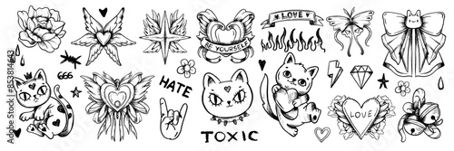 Grunge doodle cat icon set, vector hand drawn sketch kitten, gothic heart, rock punk scribble symbol. Y2k emo romantic tattoo, Valentine love symbol, crayon inscription, bow, rose. Ink doodle cat