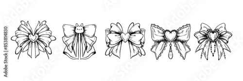 Doodle bow icon set, vector hand drawn ribbon collection, vintage cute hair girly decor accessory. Feminine romantic tattoo sketch, line bowknot cartoon design. Doodle bow festive heart brooch clipart