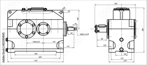 Assembly drawing of reducer. Vector drawing of steel mechanical device with shaft, gear, 
electric engine, bolted connection and dimension lines. Engineering cad scheme. Technical template. 