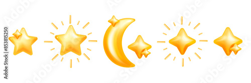 3D star icon set, vector plastic moon sticker, yellow y2k trendy lunar holiday decor collection kit. New Year Christmas festive shapes, sparkle ray, social media quality service rate. 3D star clipart