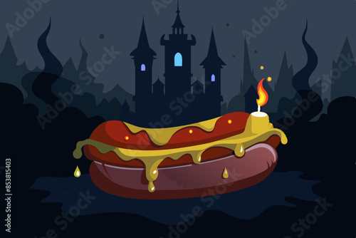 Mysterious hot dog with unique ingredients, ancient castle, candles, fog, gothic elements. Gothic style, dark and somber tones. National Hot Dog Day