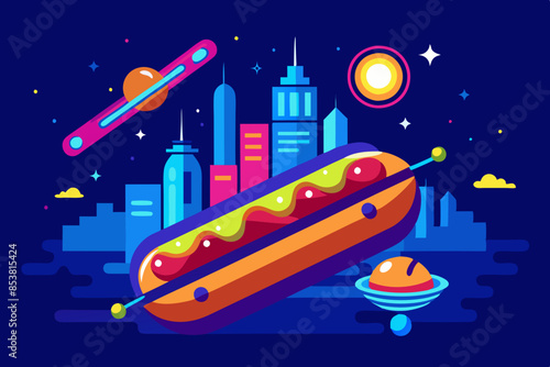 High-tech hot dog with unusual ingredients, futuristic city with flying cars, neon signs, futurism, bright neon, dark blue background. National Hot Dog Day