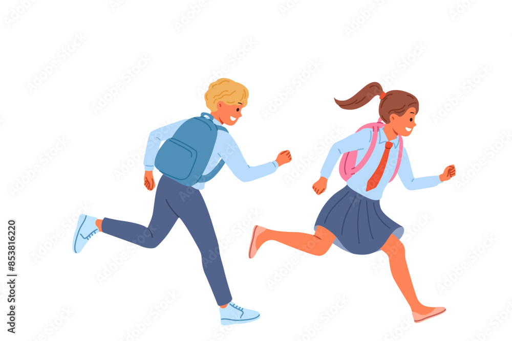 Little school children with backpacks run away from classes, not wanting to study and receive education. Happy kids laugh and rush to school to be on time for start of lessons on first of september Little school children with backpacks run away from classes, not wanting to study and receive education. Happy kids laugh and rush to school to be on time for start of lessons on first of september