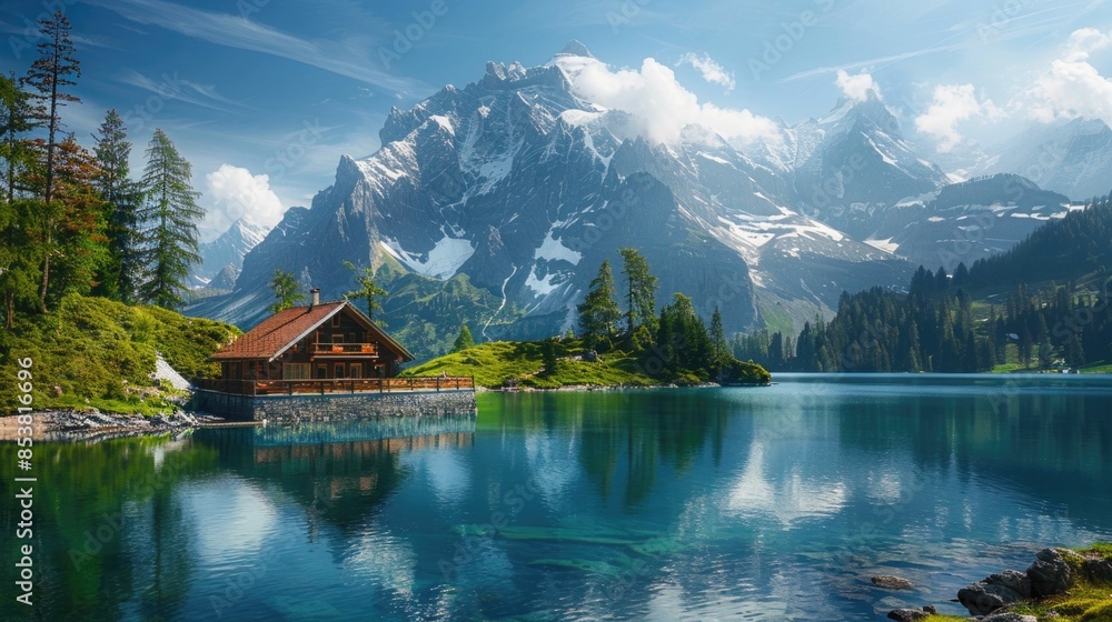 Cozy mountain cabin nestled by a pristine alpine lake surrounded by towering snow capped peaks and lush forest A serene and picturesque wilderness retreat in an idyllic mountain landscape Cozy mountain cabin nestled by a pristine alpine lake surrounded by towering snow capped peaks and lush forest A serene and picturesque wilderness retreat in an idyllic mountain landscape