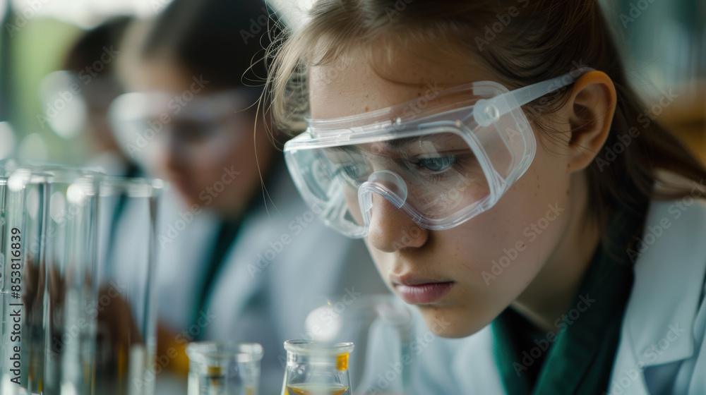 A girl wearing a lab coat and goggles is looking at a beaker A girl wearing a lab coat and goggles is looking at a beaker