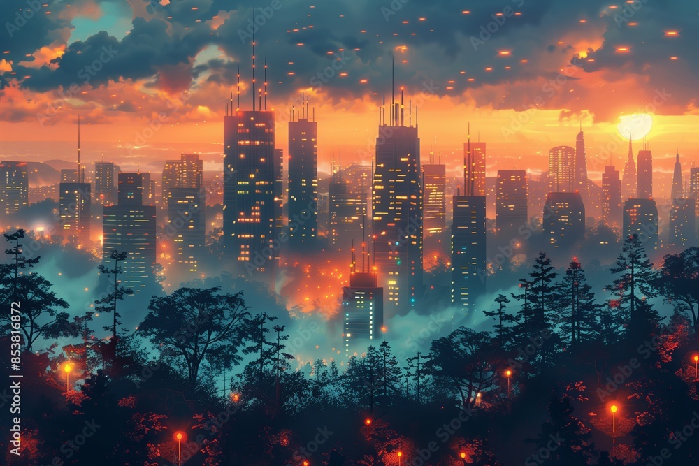 Obraz premium Futuristic Urban Infrastructure: Skyscrapers, Traffic Lights, Renewable Energy