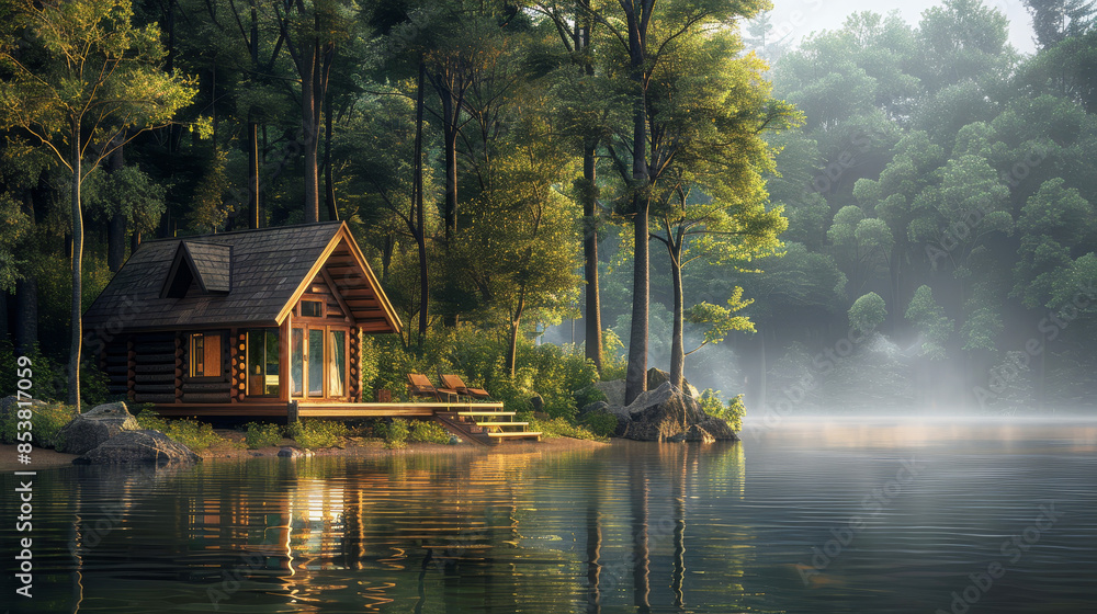 Obraz premium Serene lakeside cabin retreat surrounded by forest in misty morning light