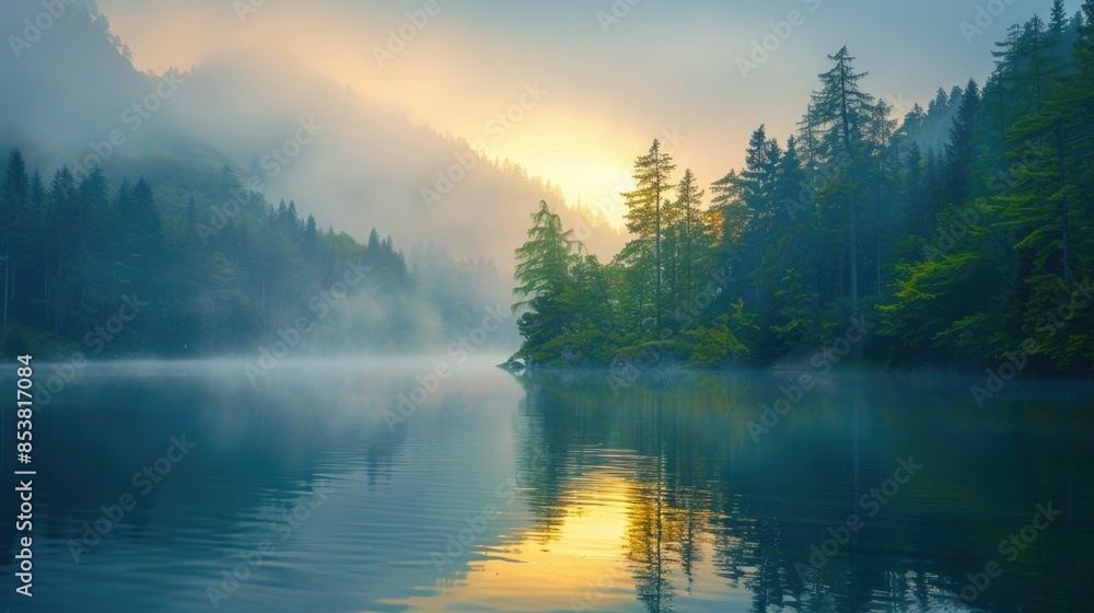 Fototapeta premium Misty morning landscape with a serene lake fog rising from the water and silhouetted trees reflecting on the calm surface A peaceful atmospheric scene of natural beauty and tranquility
