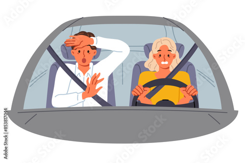 Frightened instructor from driving school near female driver driving car and risking accident and injury. Girl disregard traffic rules due to lack of qualifications to drive vehicle.