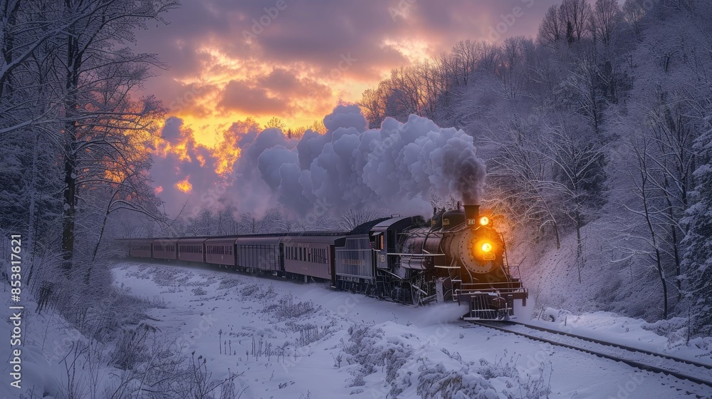 Train Speeding Through Snowy Landscape: Leaving a Trail of Steam Train Speeding Through Snowy Landscape: Leaving a Trail of Steam