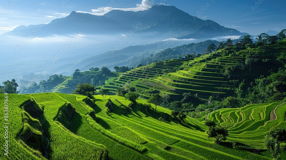 Fototapeta premium Lush terraced rice fields cascade down a verdant hillside surrounded by distant mountain peaks under a clear blue sky This picturesque