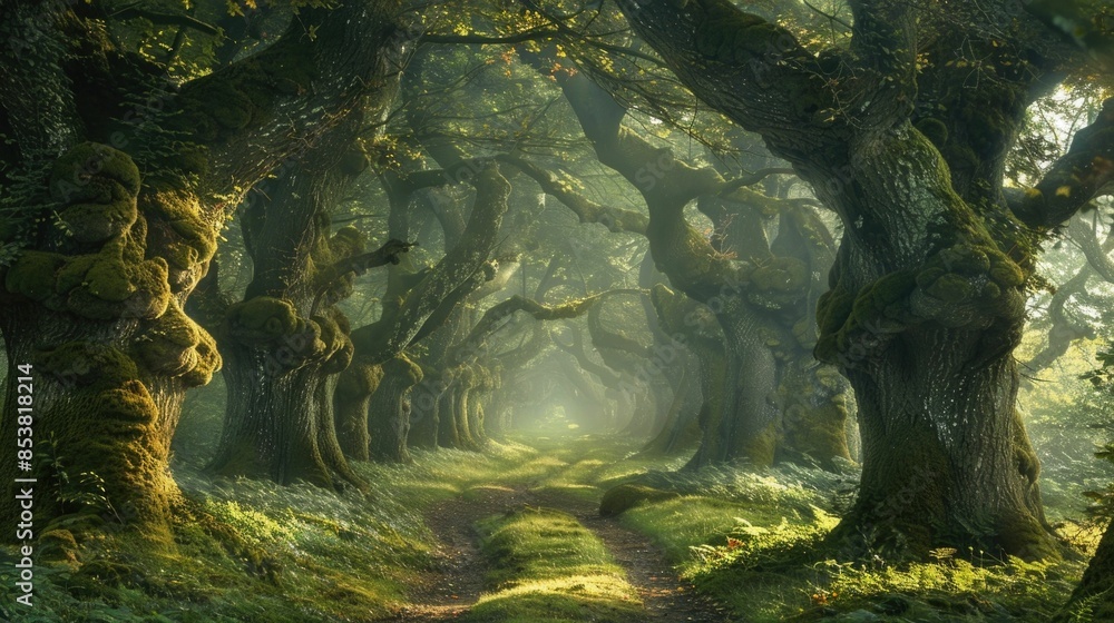 Enchanted Ancient Forest with Towering Moss Covered Trees Dappled Lighting and a Winding Dirt Path Leading Through the Lush Mysterious Woodland Scenery Enchanted Ancient Forest with Towering Moss Covered Trees Dappled Lighting and a Winding Dirt Path Leading Through the Lush Mysterious Woodland Scenery