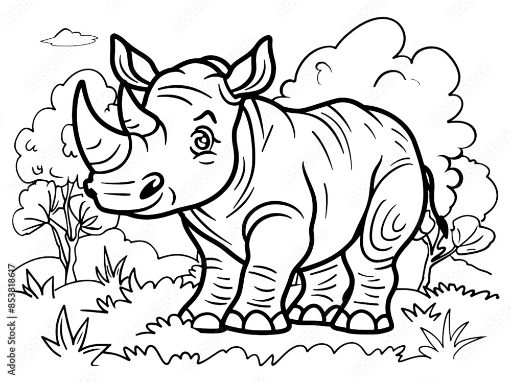 Fototapeta premium Coloring page rhinoceros in forest. Vector, black stroke lines. Generative ai.