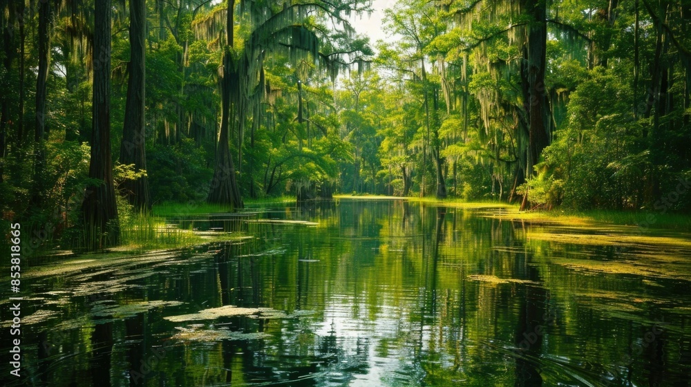 Serene and Lush Swamp Landscape with Reflection of Tall Cypress Trees and Hanging Spanish Moss in the Still Mirror like Waters Serene and Lush Swamp Landscape with Reflection of Tall Cypress Trees and Hanging Spanish Moss in the Still Mirror like Waters