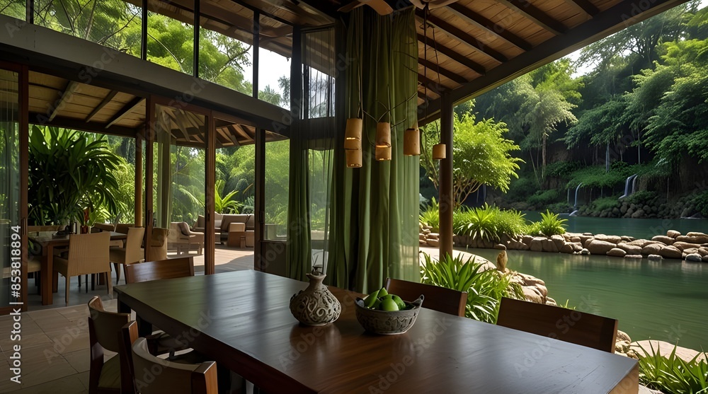 Fototapeta premium Natural green shade dining room of a house resort by rain water.generative.ai 